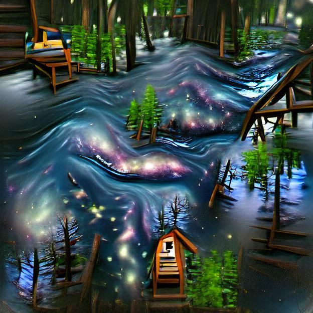 Forest Cabin by River Under Galaxy Sky