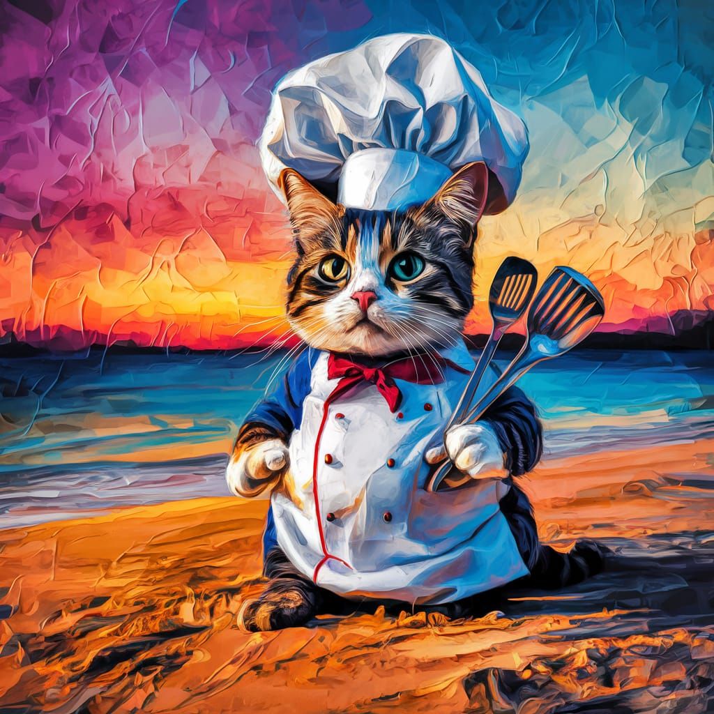 Abstract Beach Scene: Cat Chef in Complementary Colors