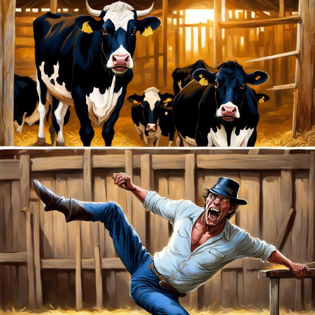 Man breaks on the barn floor the cows think its funny.