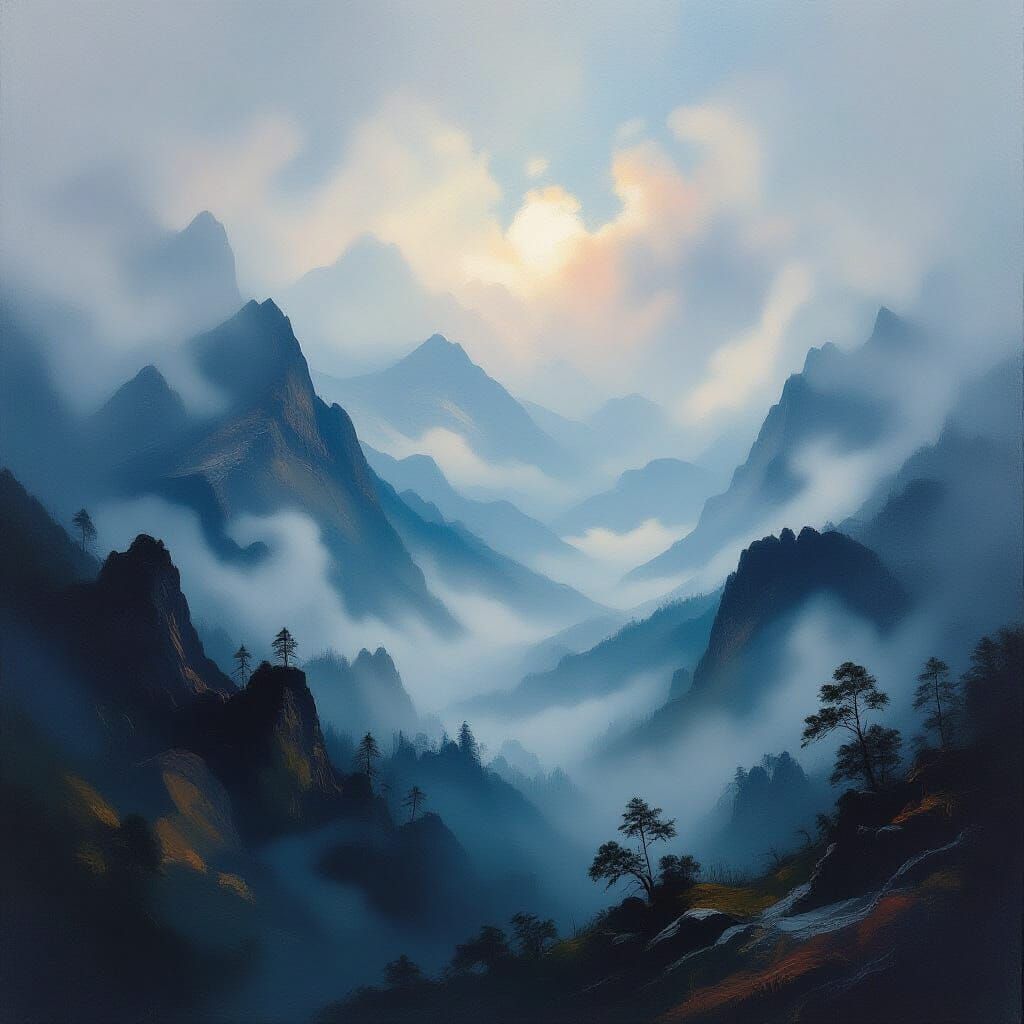 Misty Mountain Range Landscape in Romantic Style