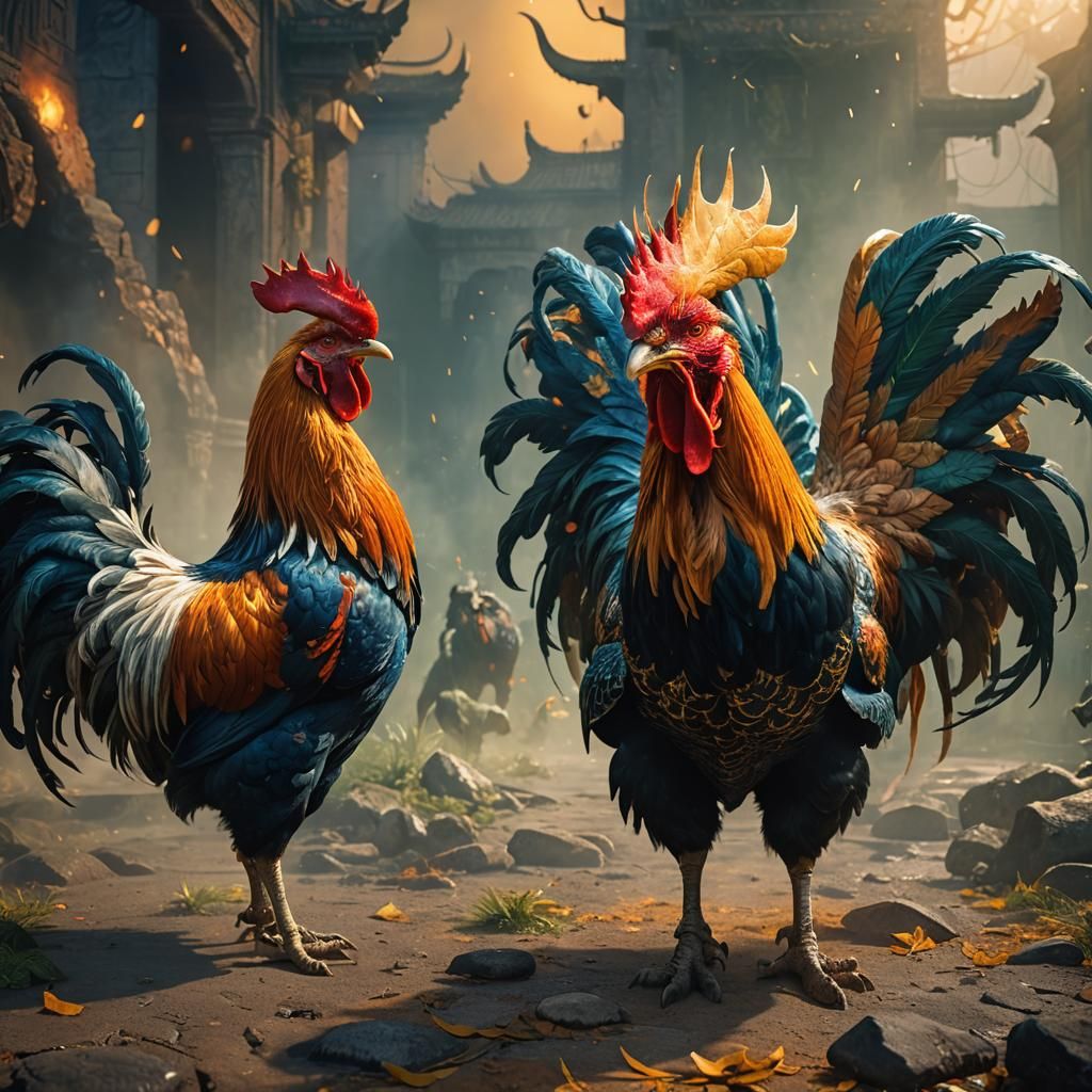 Fierce Rooster and Angry Bull in Fantasy Realism