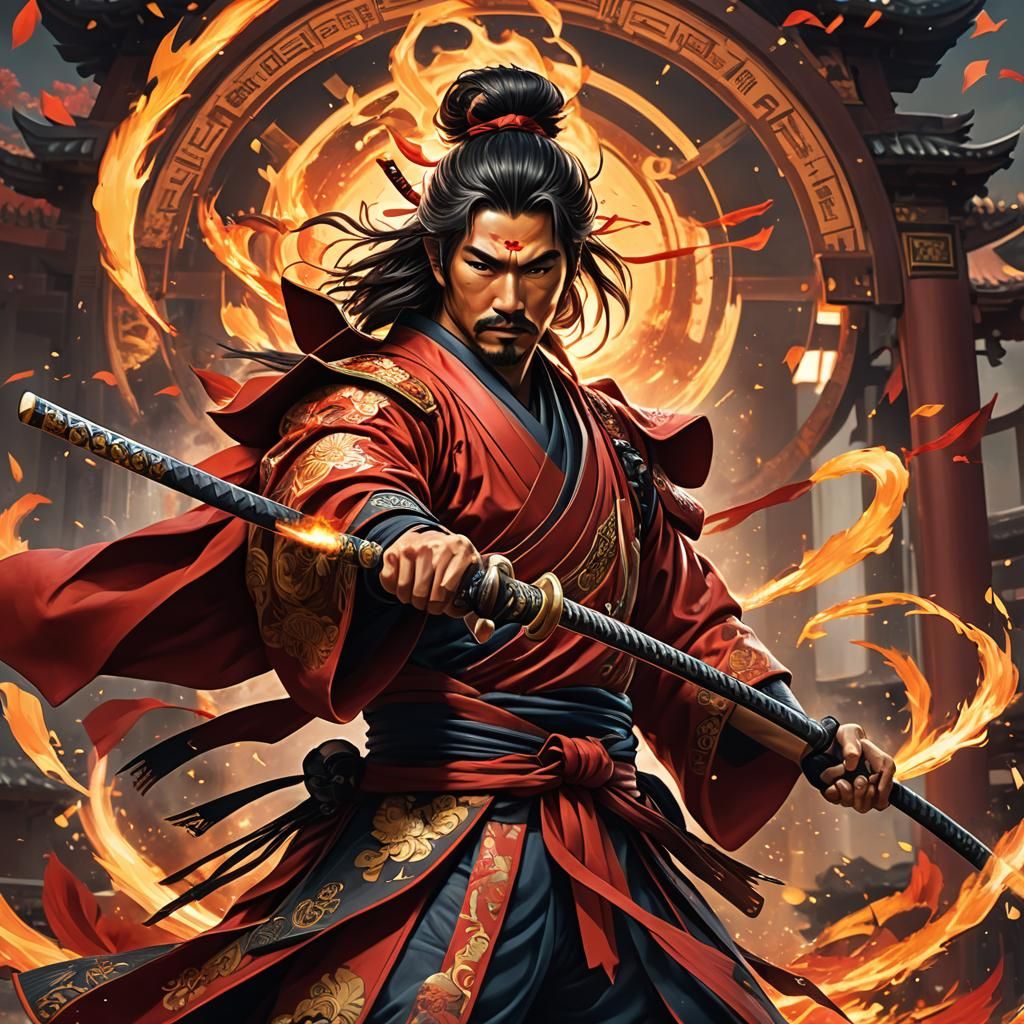 Samurai Rock Star Portrait in Red: Hyperdetailed Concept Art