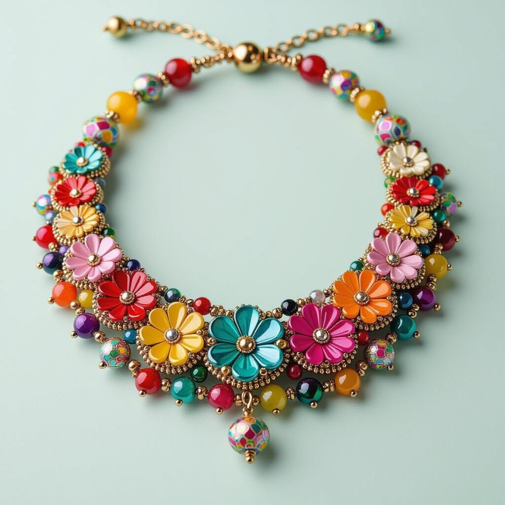 Colorful Beaded Necklace in Folk Surrealist Style