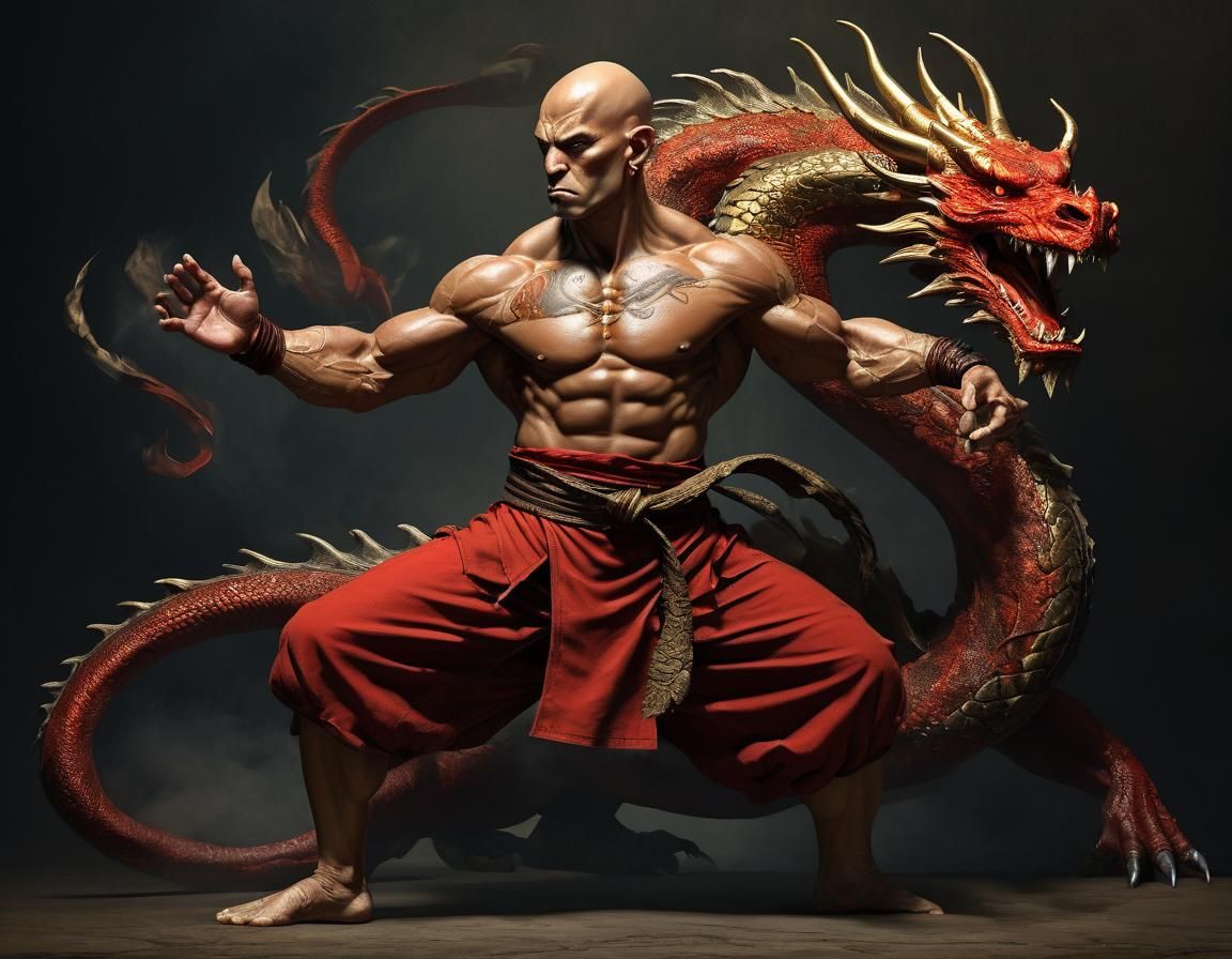 Shaolin Monk with Dragon in Red and Gold
