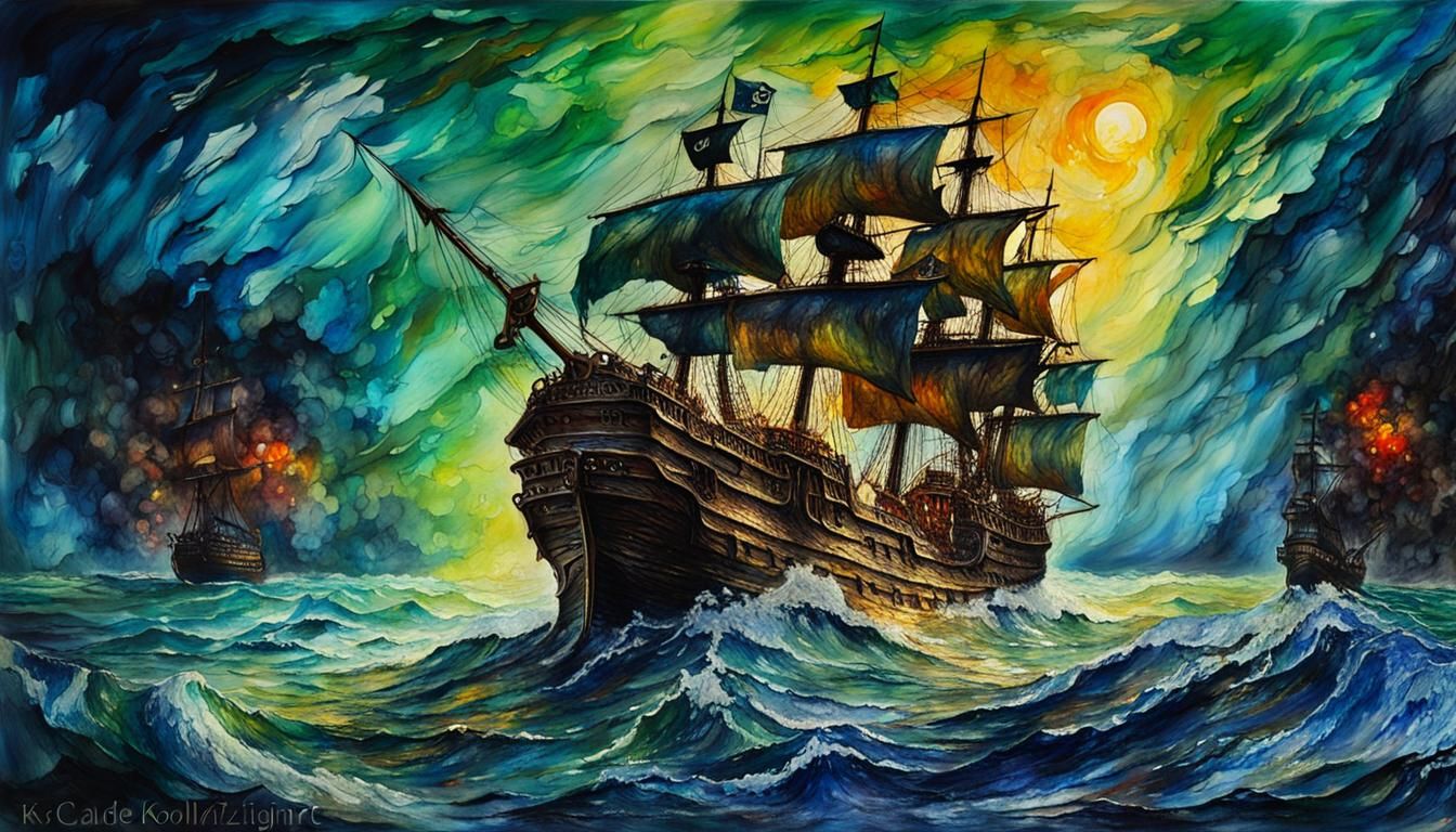 Pirate Galleon Attack in Alcohol Ink Style