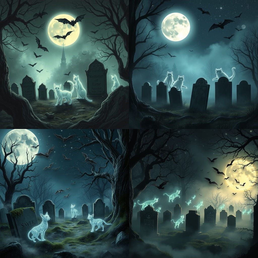 Whispering Ghost Cats Emerge in Moonlit Graveyard