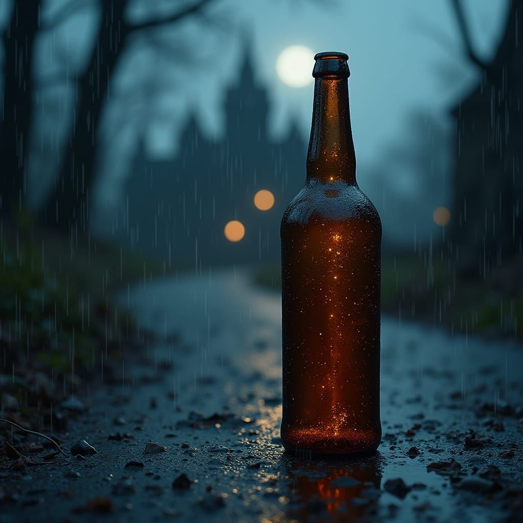 A Castle in a Glass Bottle at Night, Captured in a Rainy Sce...