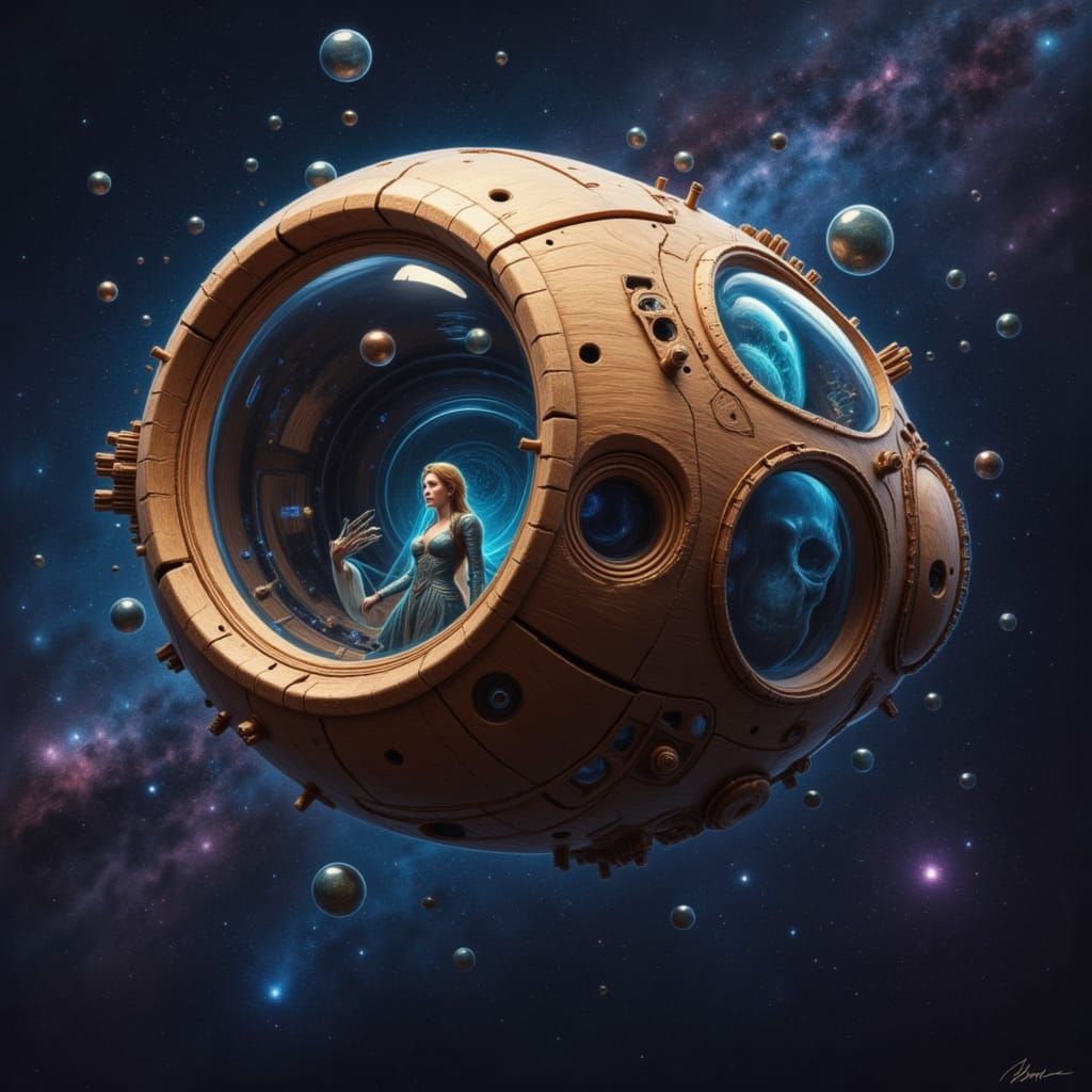 Wooden Spaceship Orb in Outer Space