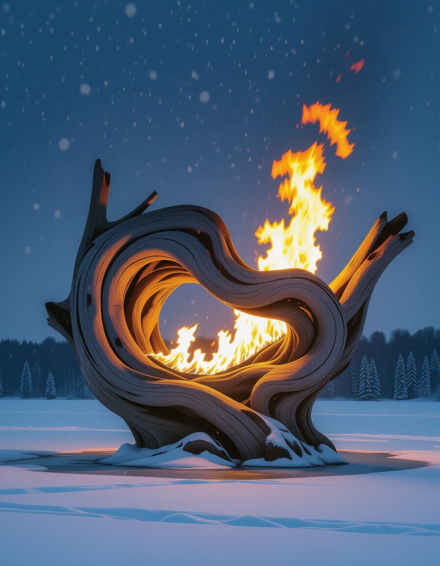 Flaming Driftwood Wave Sculpture on Frozen Lake