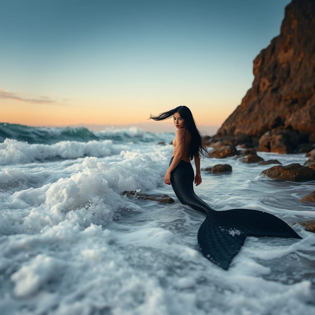 Hyperrealistic Mermaid Portrait in Rough Ocean Waters