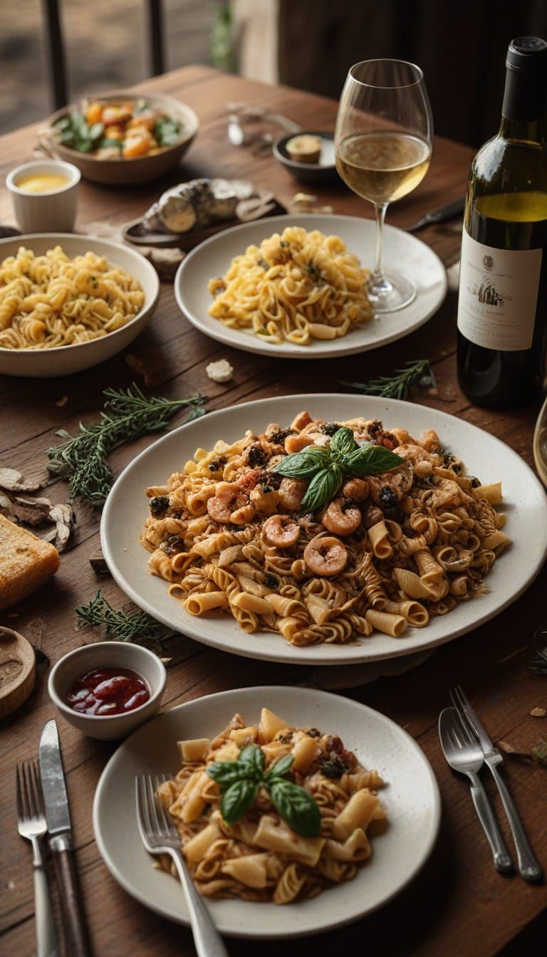 Appetizing Pasta Dishes and Wine on Rustic Table