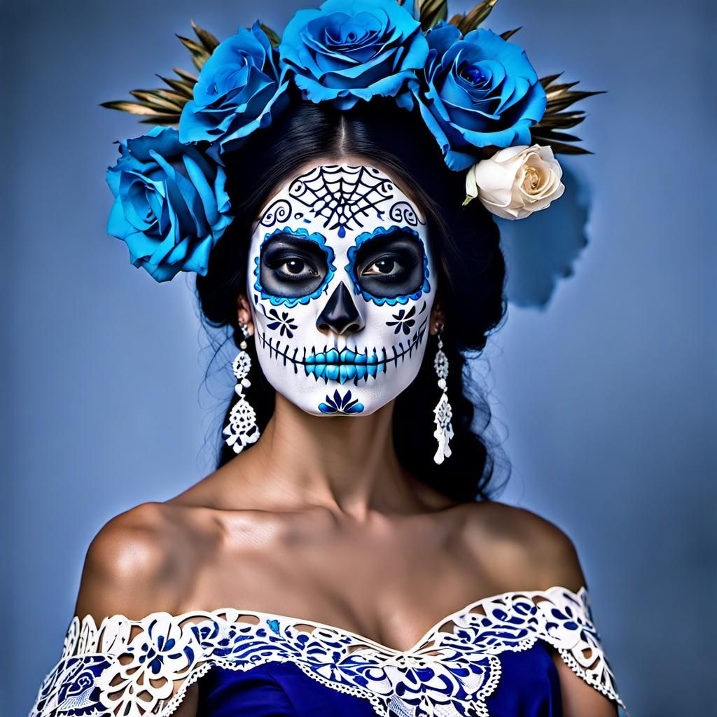 Blue and White Catrina Portrait for Dio de los Muertos