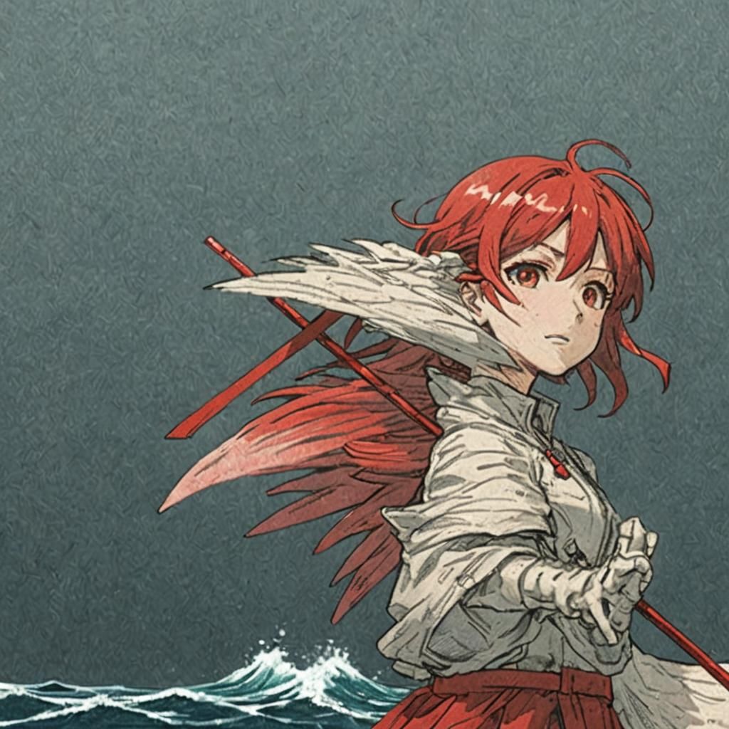 Manga Style Drawing with Red Ocean Background
