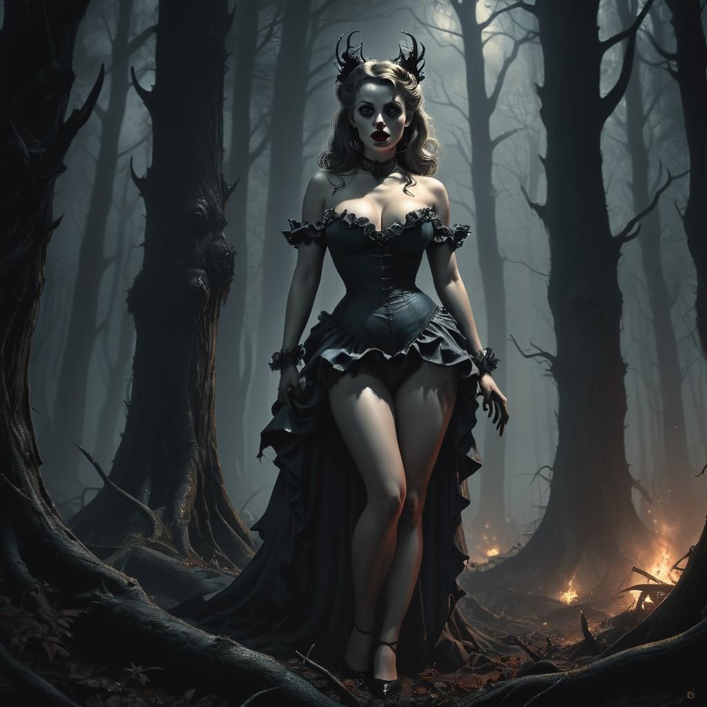 Demonic Pinup in Dark Forest, Horror Art