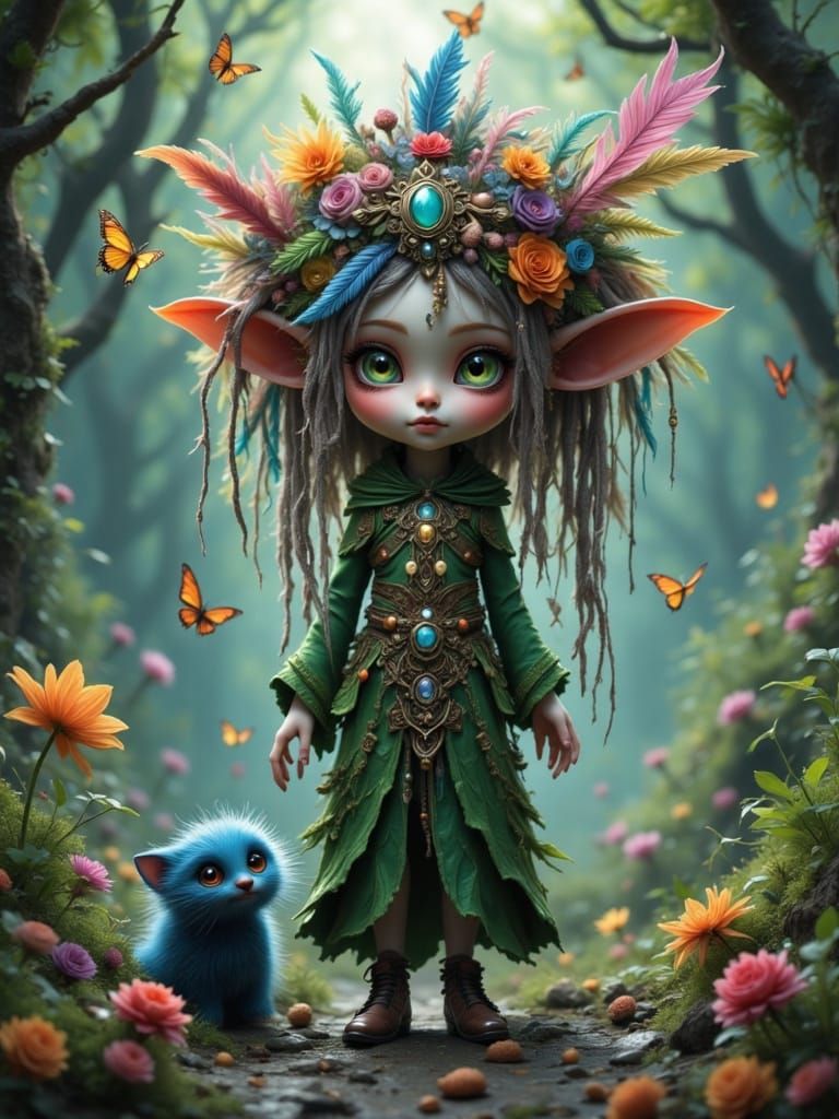 Whimsical Forest Creature with Companion in Magical Setting