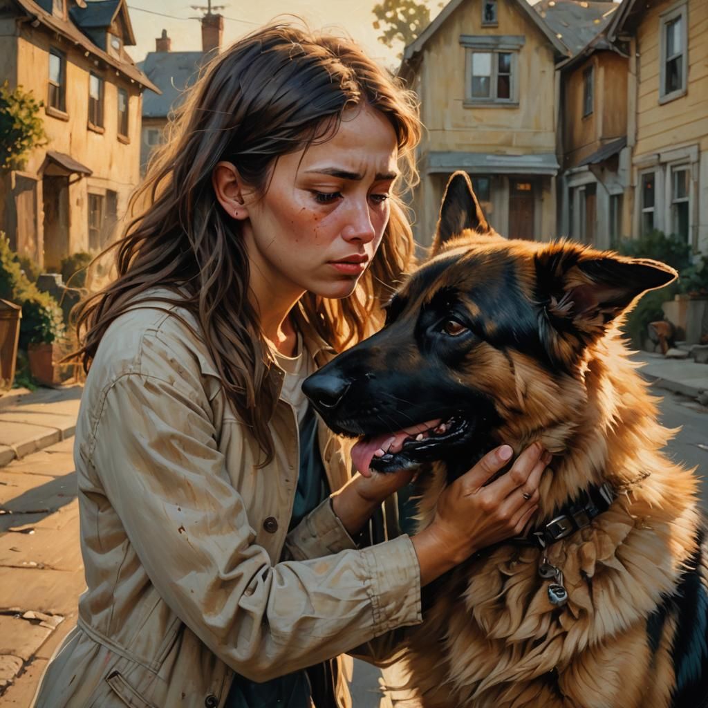 Sad Girl and Dog in Surreal Oil Painting