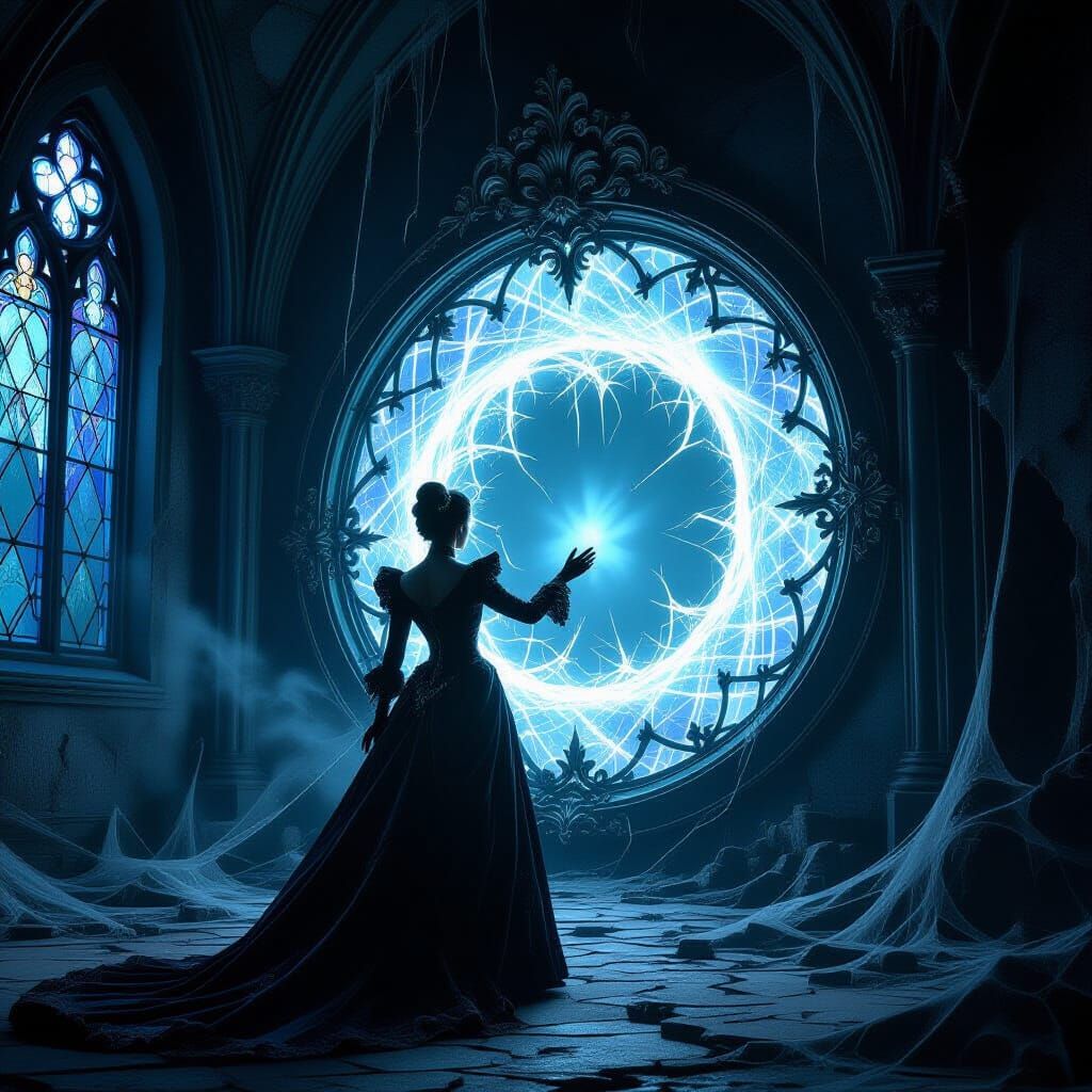 Aristocrat Approaches Arcane Portal in Gothic Mansion