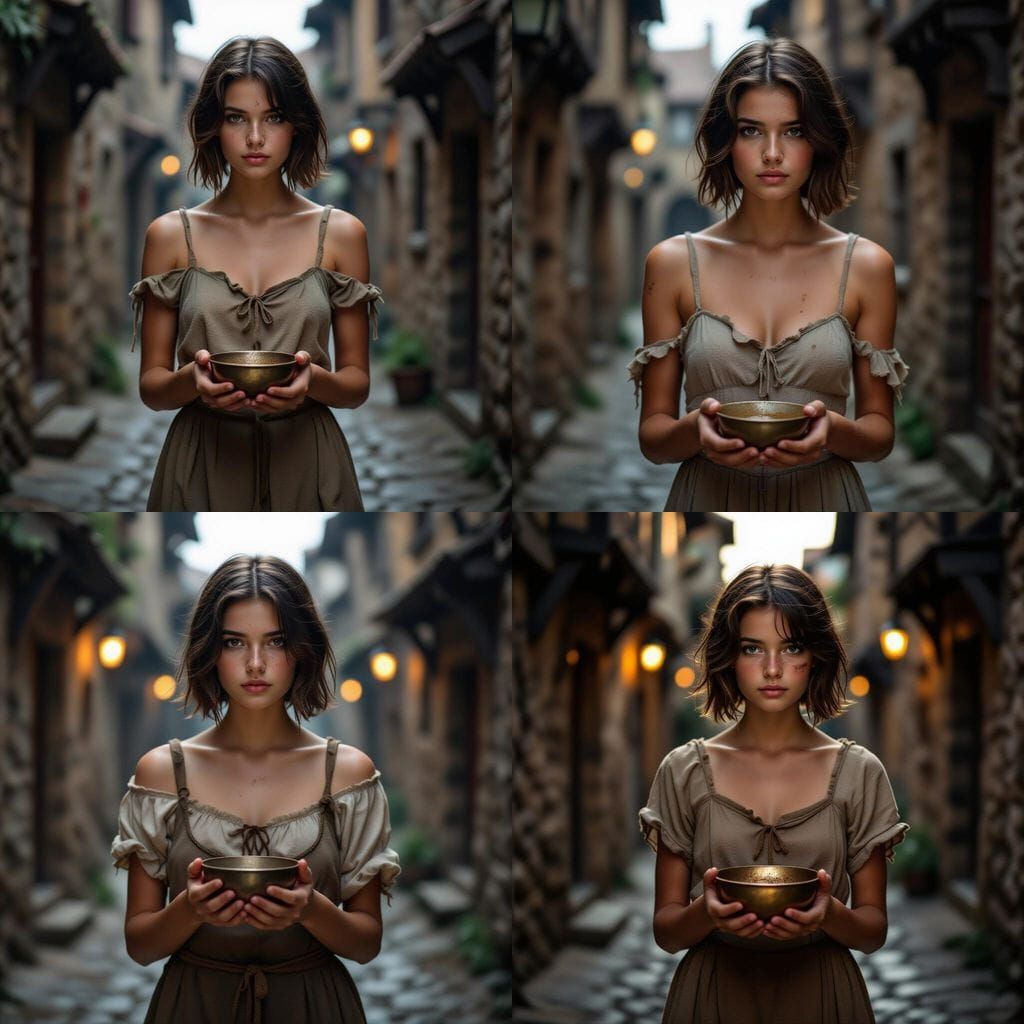 Fantasy Beggar Girl in Dark Medieval Alley