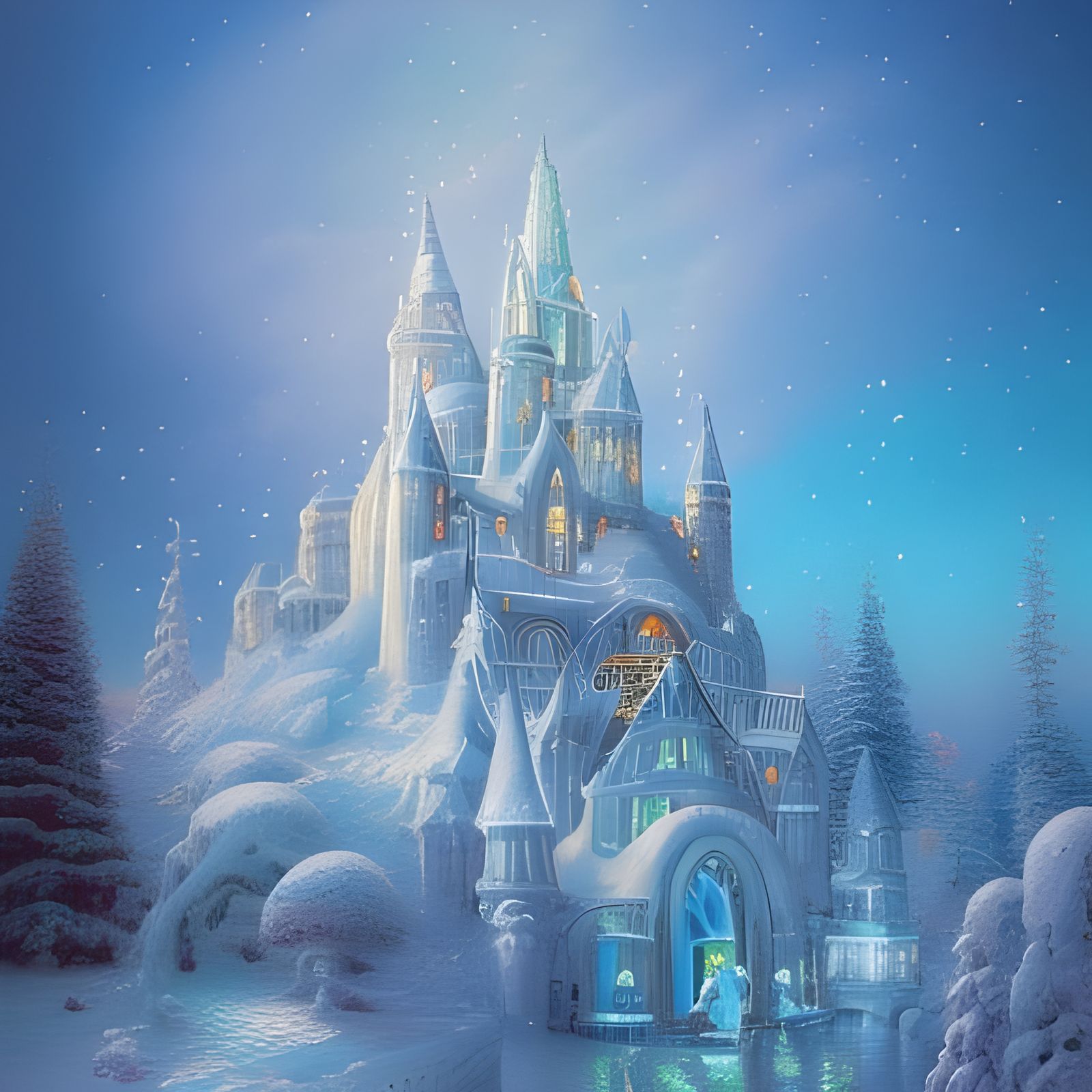 Dreamy Glass Ice Castle with Aurora in Art Deco