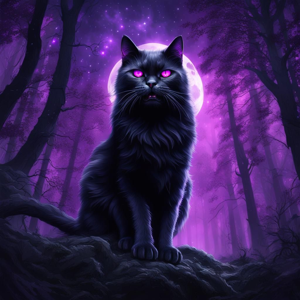 Scary Black Cat with Purple Eyes in Foggy Forest