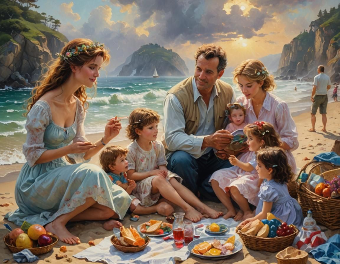 Father Figures Beach Picnic as Oil Painting