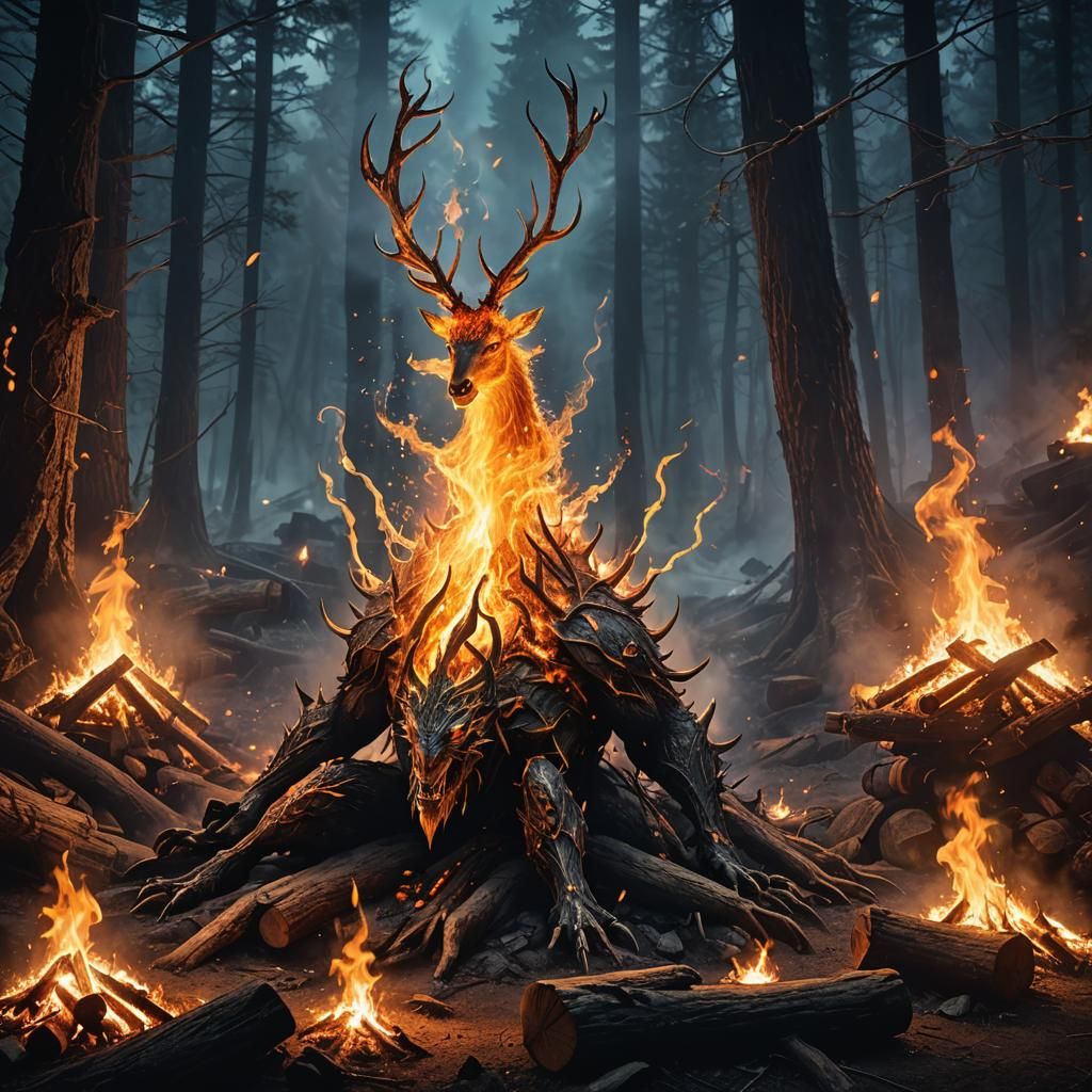 Smoky Forest Creature in Firelight: Airbrush Art