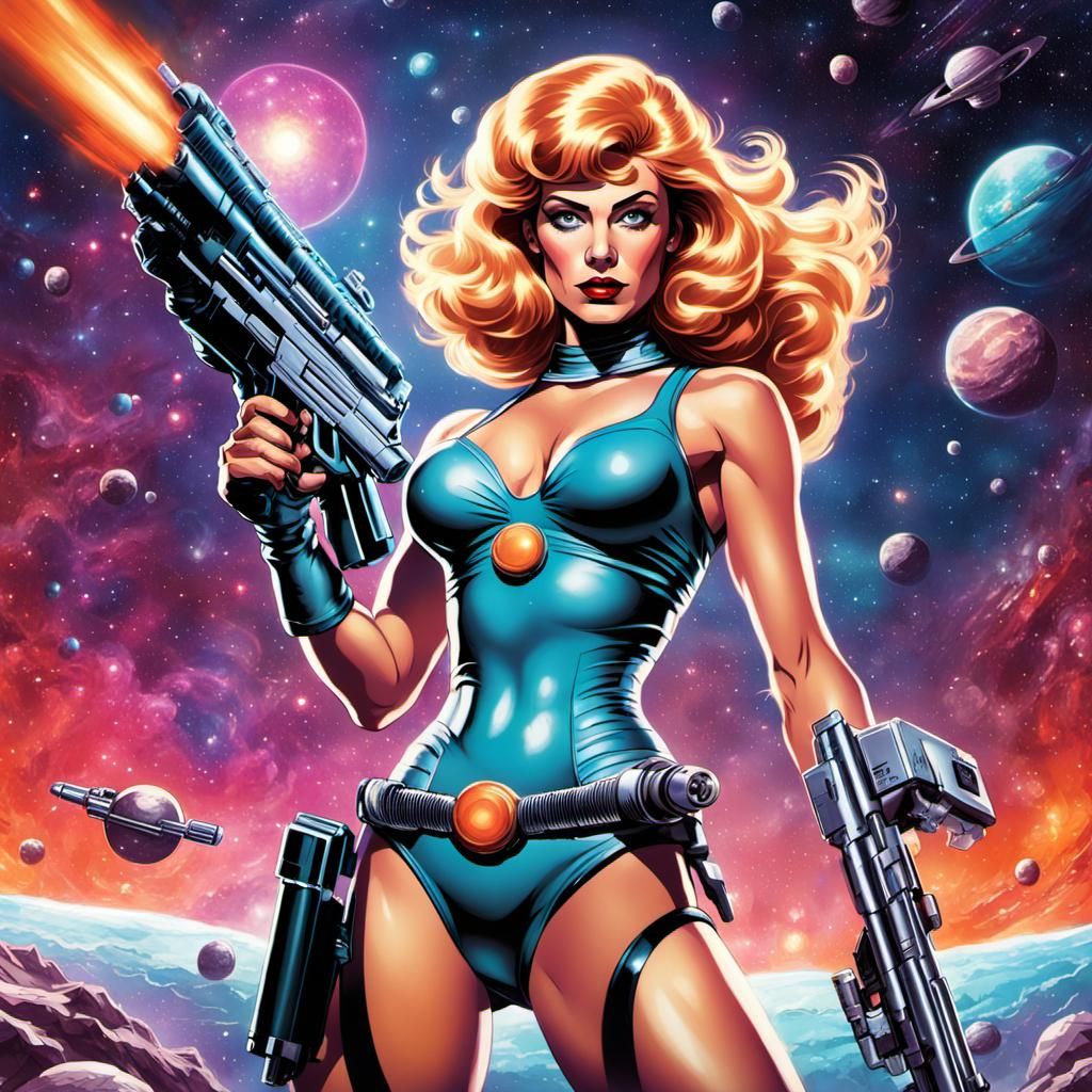 Retro Space Woman with Raygun in Comic Book Style