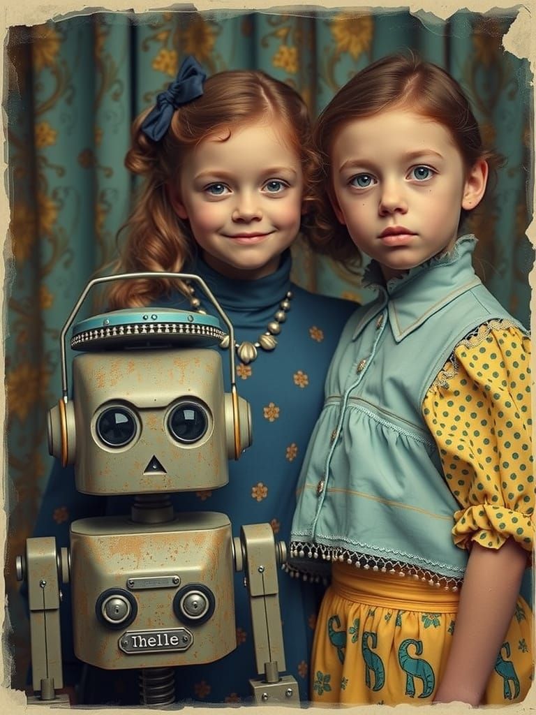 Turquoise Robot Siblings in Retrofuturist Style