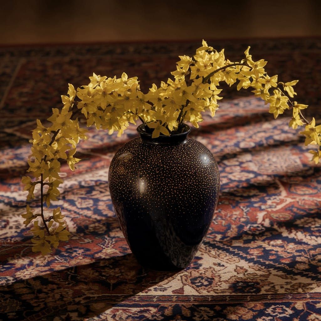 Dark blue with gold sparkles Vase with forsythia branches on...