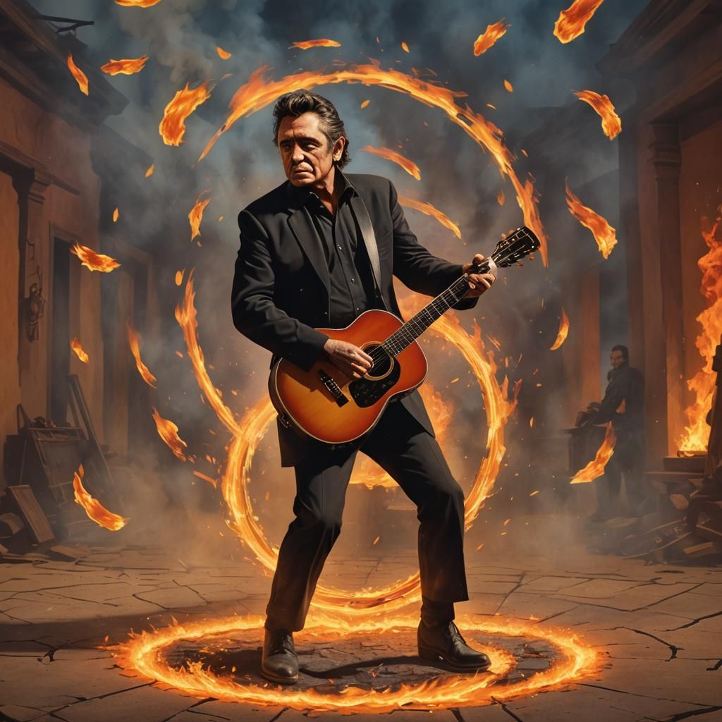 Johnny Cash Dances in Burning Ring: 3D Digital Art