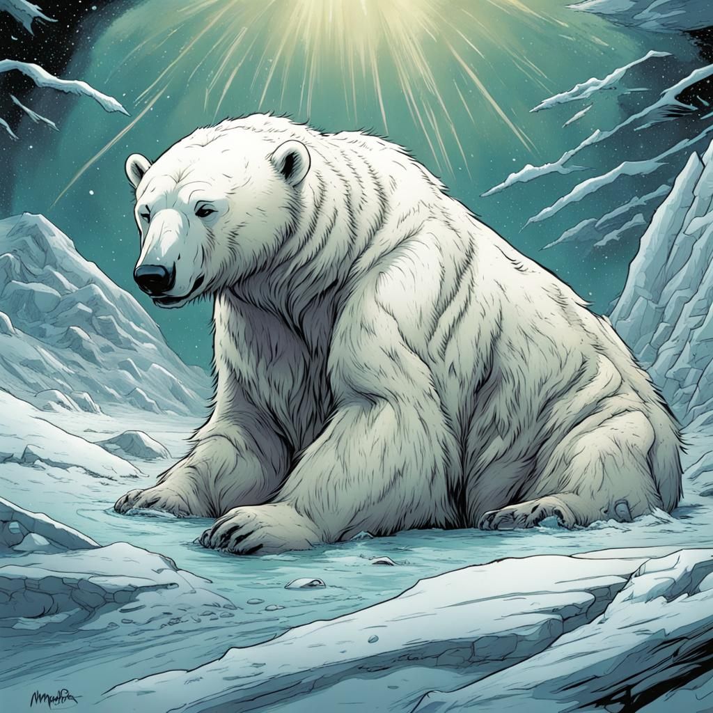 Hungover Polar Bear in Comic Book Style