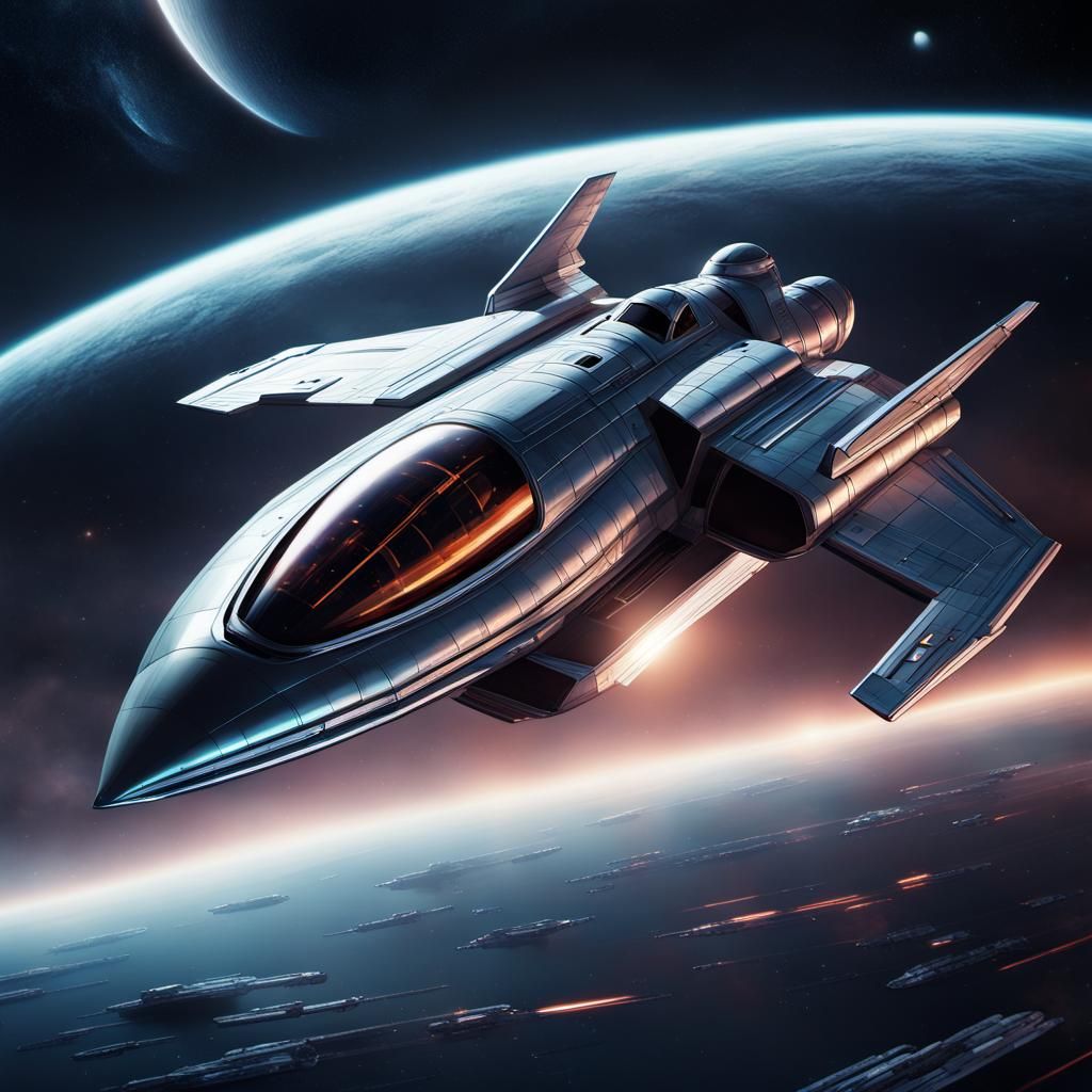 Sleek Metallic Spaceship in Flight Against Cosmic Background