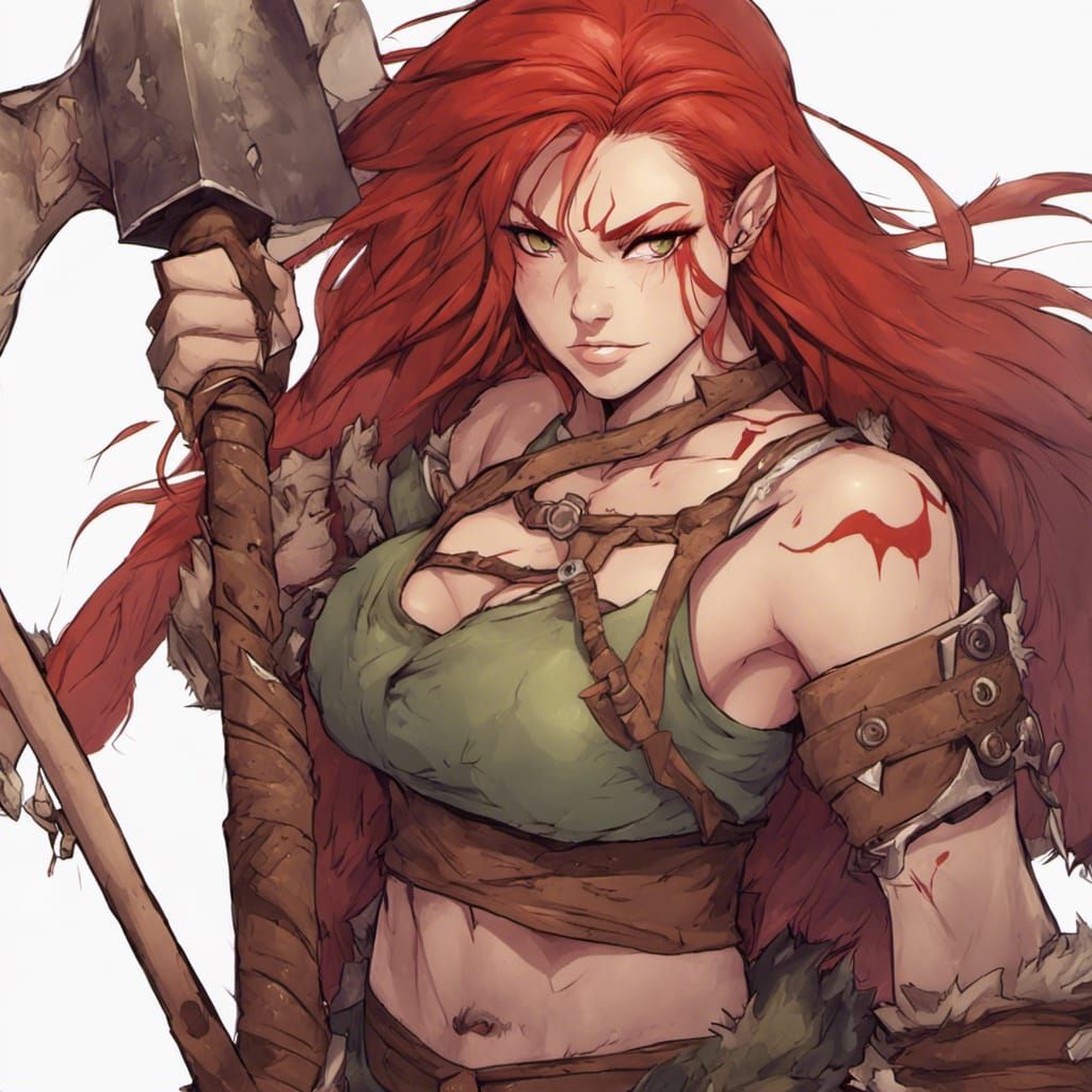 Anime Style Half-Orc Barbarian with Red Hair
