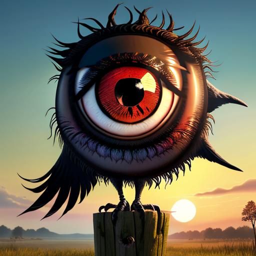 Crow with Exaggerated Eye in Swamp Landscape