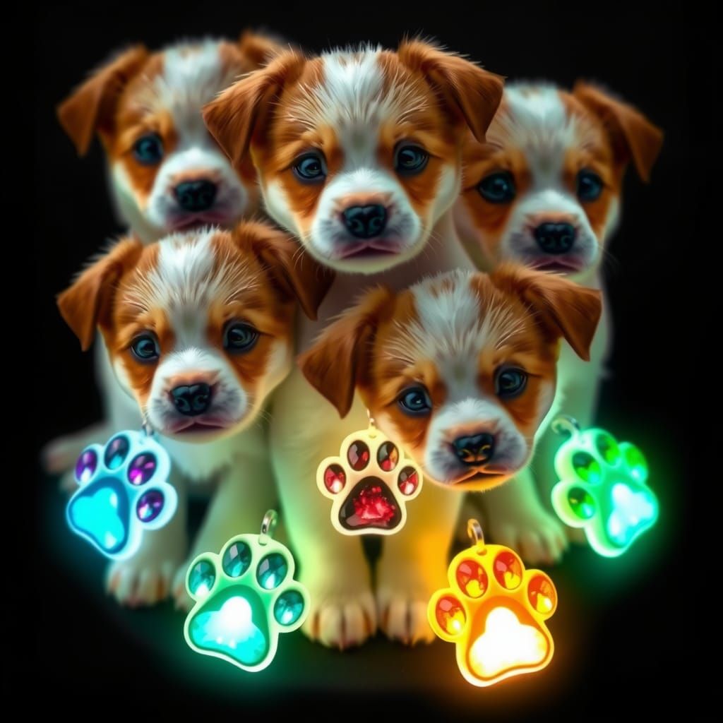 Five (3.0) puppies with gemstone necklaces that look like pa...