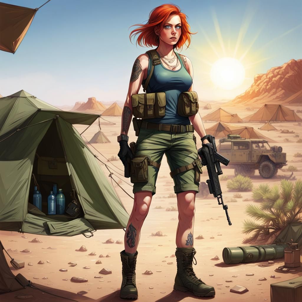 Hyperrealistic Army Girl in Desert Base