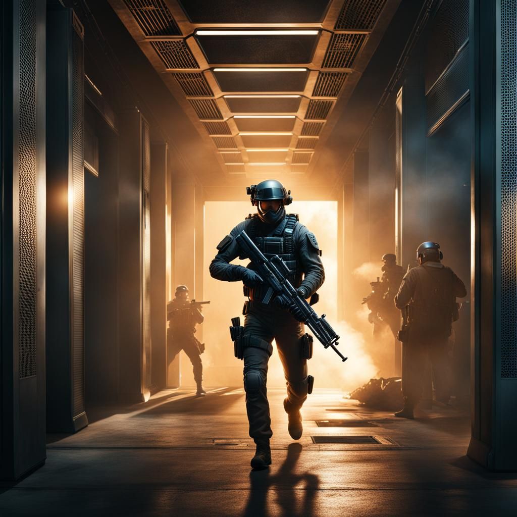 Cyborg Mercenary Gunfight in Cyberpunk Office