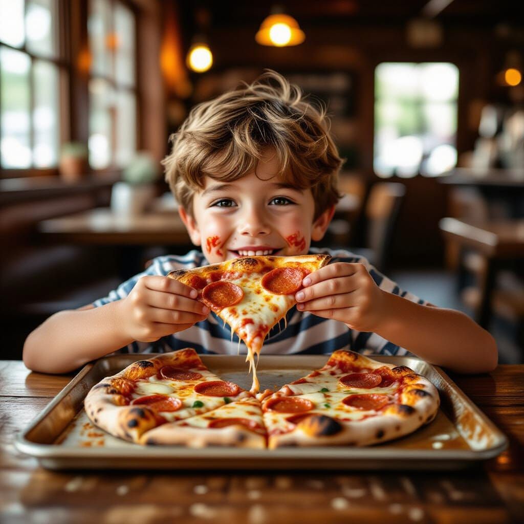 Boy Enjoys Pizza Slice in Photorealistic Style