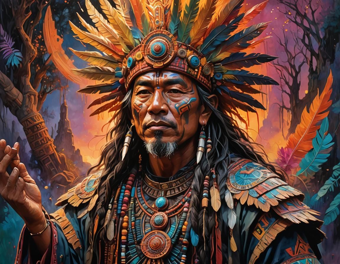 Shaman in Colorful Sanctuary: Gouache and Watercolor Splash ...