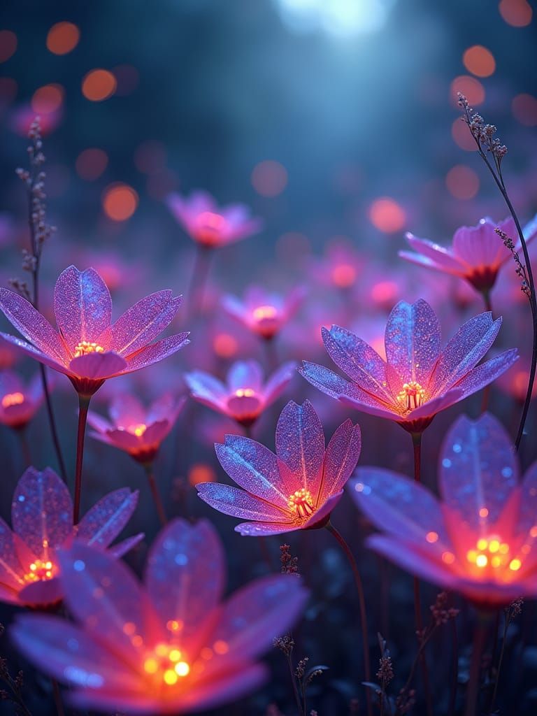 Magical Meadow with Glittering Flowers in Surreal Style
