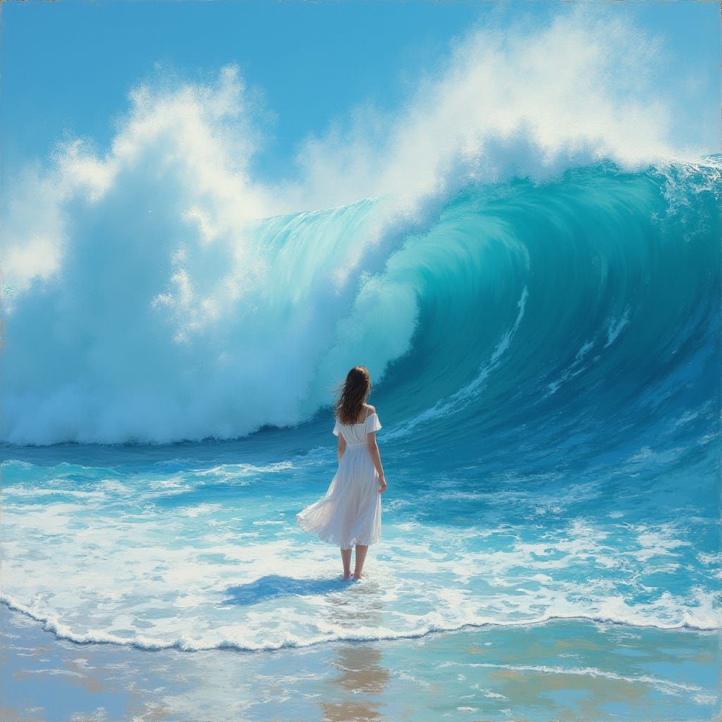 Woman at the Ocean's Edge in Romantic Style