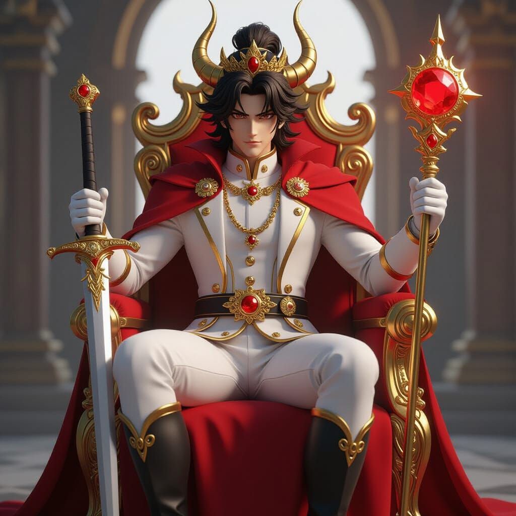 Emperor with Golden Horns and Crown on Throne