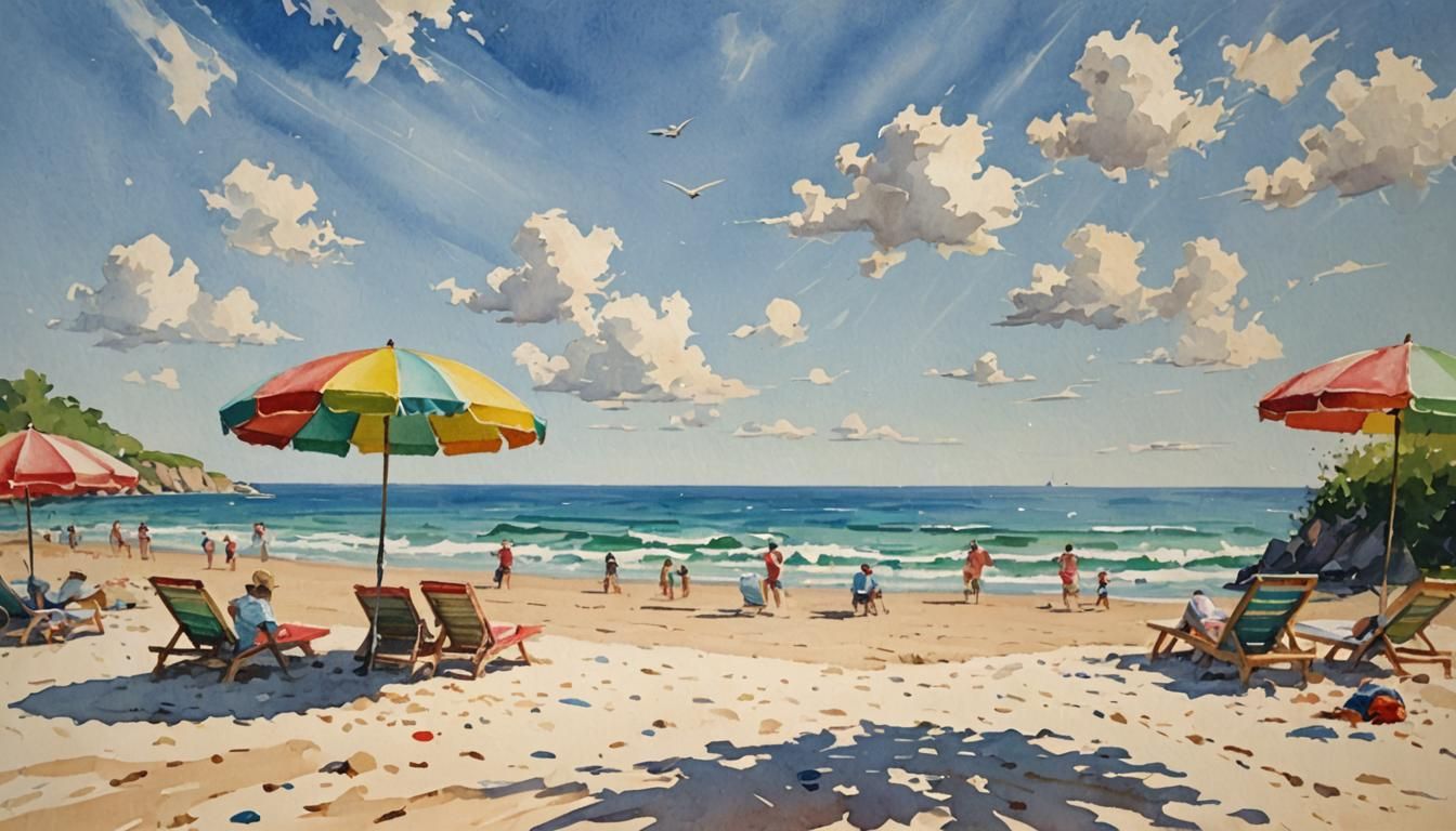 Impressionist Beach Scene with Umbrella in Gouache Style