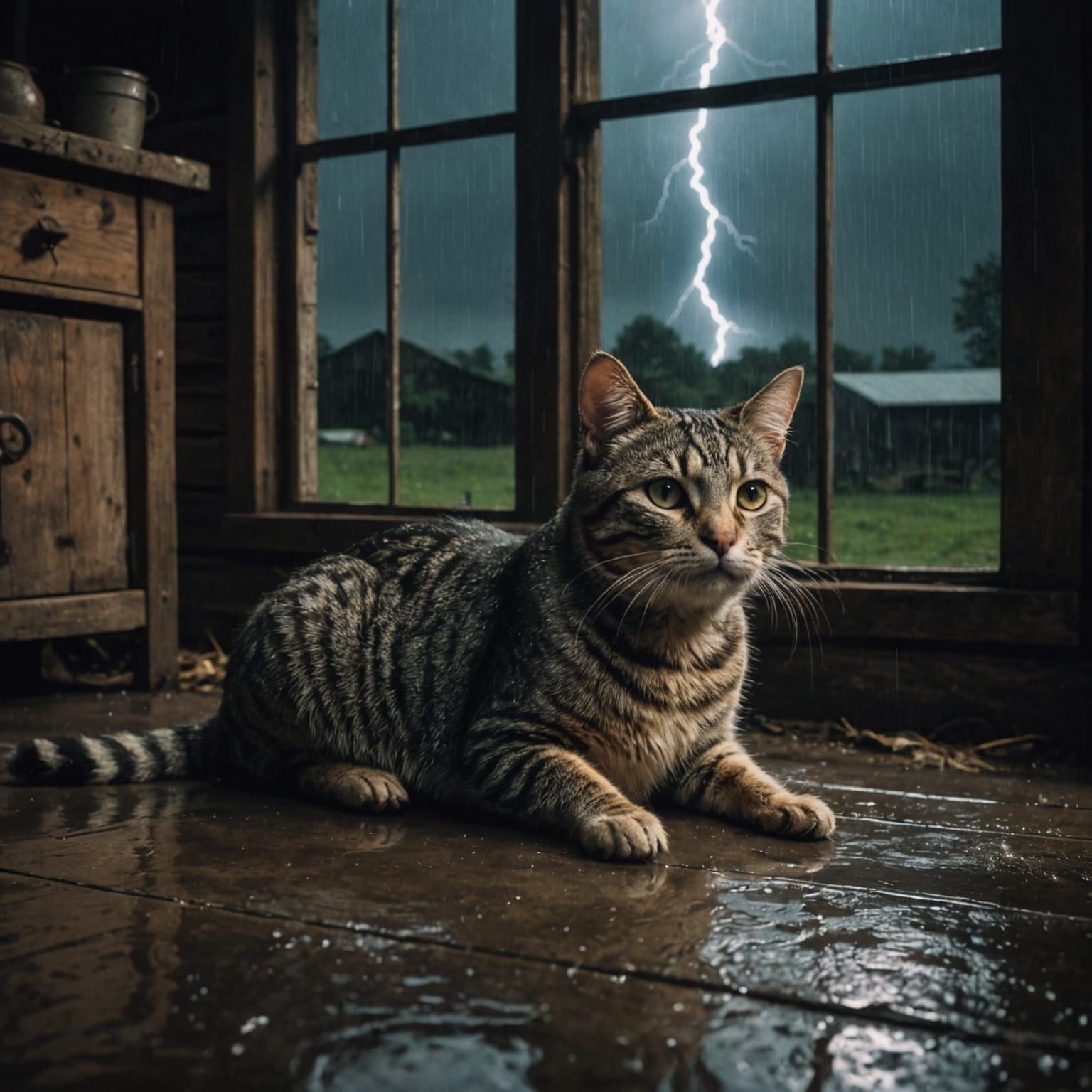 Grey Tabby Cat and Pig in Barn