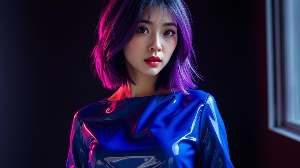 Asian Woman in Blue PVC Dress, Hyperrealistic Editorial