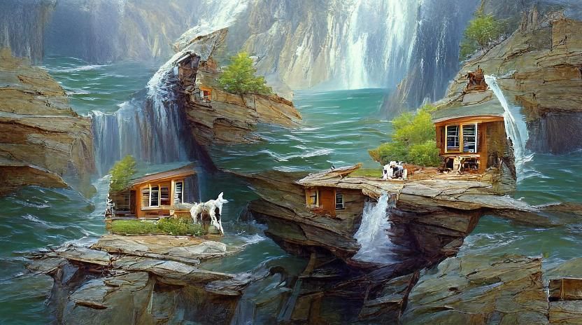 Lakeside Cottage with Waterfall in Oil Painting Style