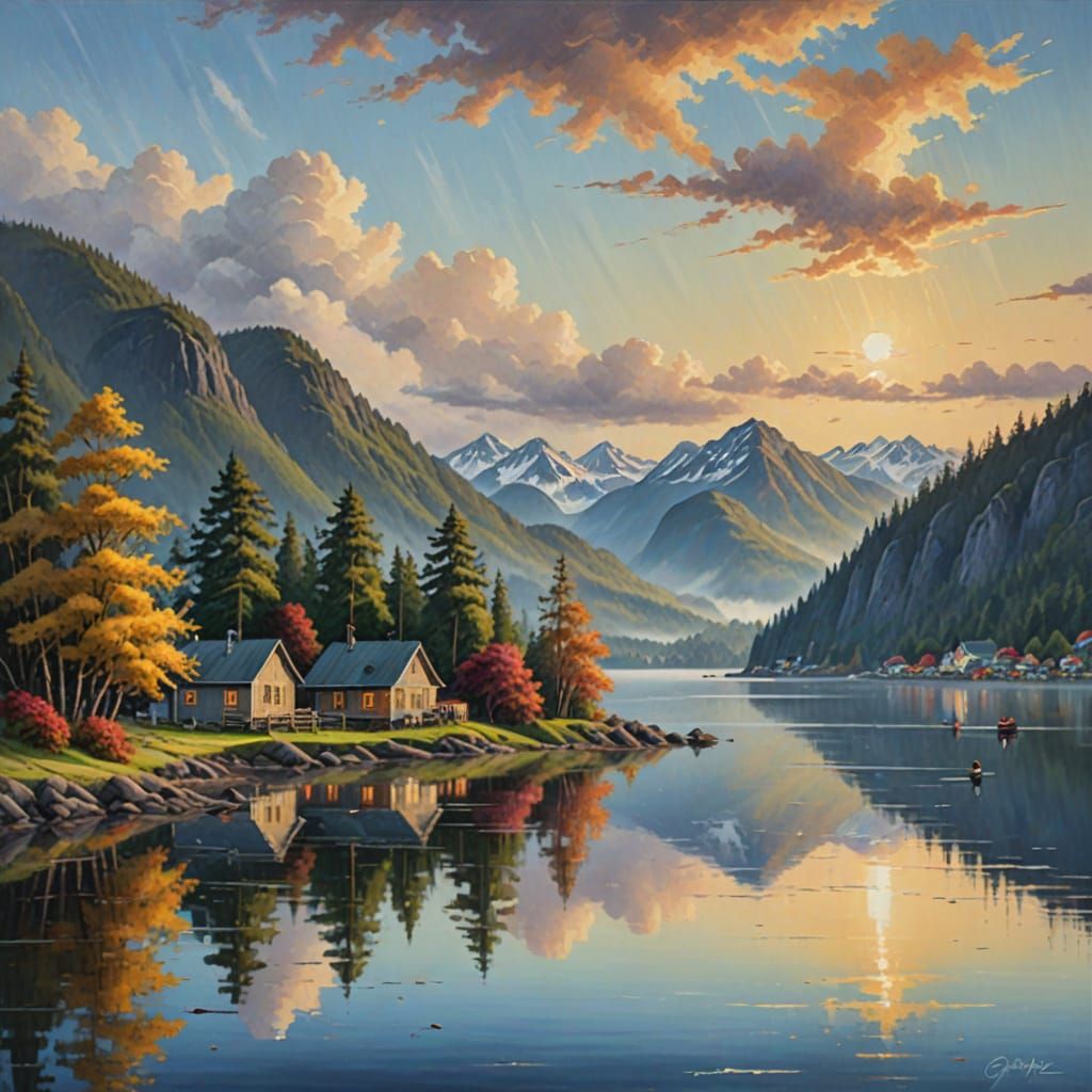 Serene Alaskan Village in Soft Impressionist Light