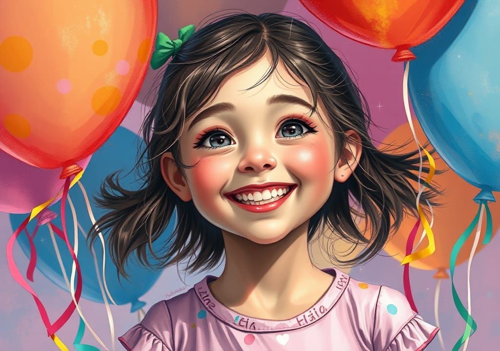 Radiant Girl Surrounded by Balloons, Playful Futurism