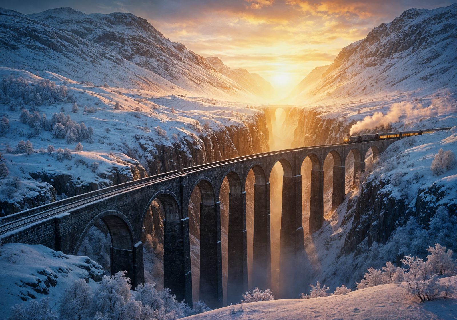 Majestic Train Crossing Mountain Viaduct at Sunrise