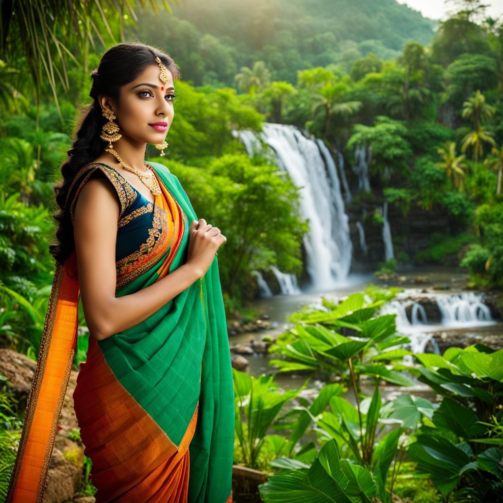 Teen in Cotton Saree by Waterfall